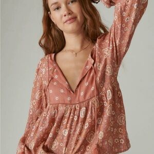 Lucky Brand Floral Print Long Sleeve Peasant Blouse Rust Cotton blend